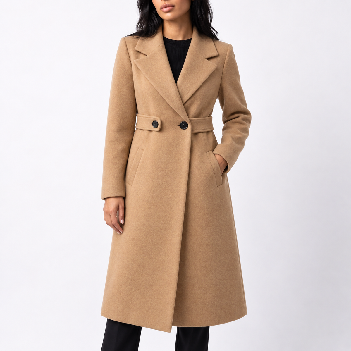 Women's Long Belted Wool-Look Winter Coat — Wide Lapels 5