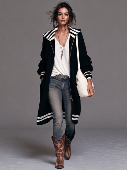Women's Vintage Colour-Block Zip-Up Mid-Length Cardigan 15