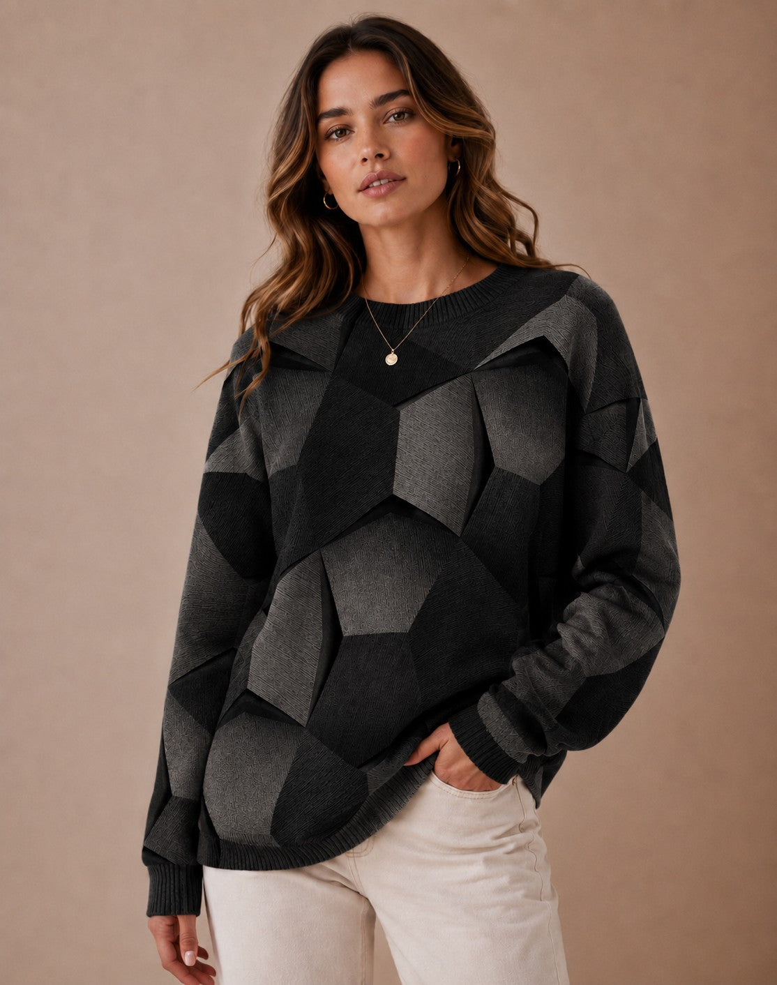 DECERLE - Women's - Geometric Print Knit - Long Sleeve Sweater
