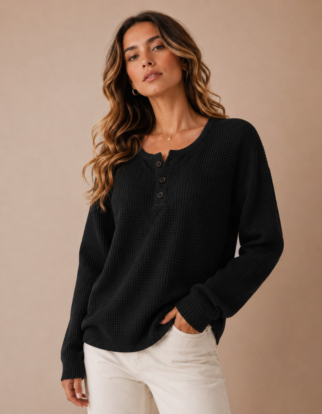 DECERLE - Women's - Waffle Knit - Henley Sweater