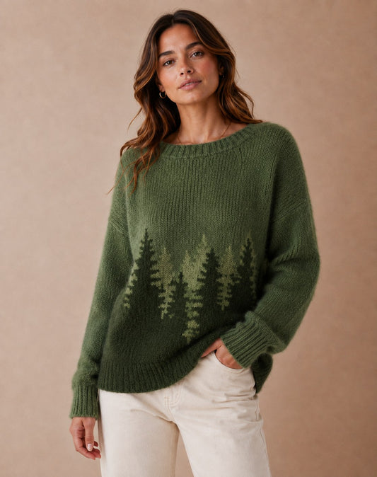 DECERLE - Women's - Forest Print Knit - Round Neck Sweater