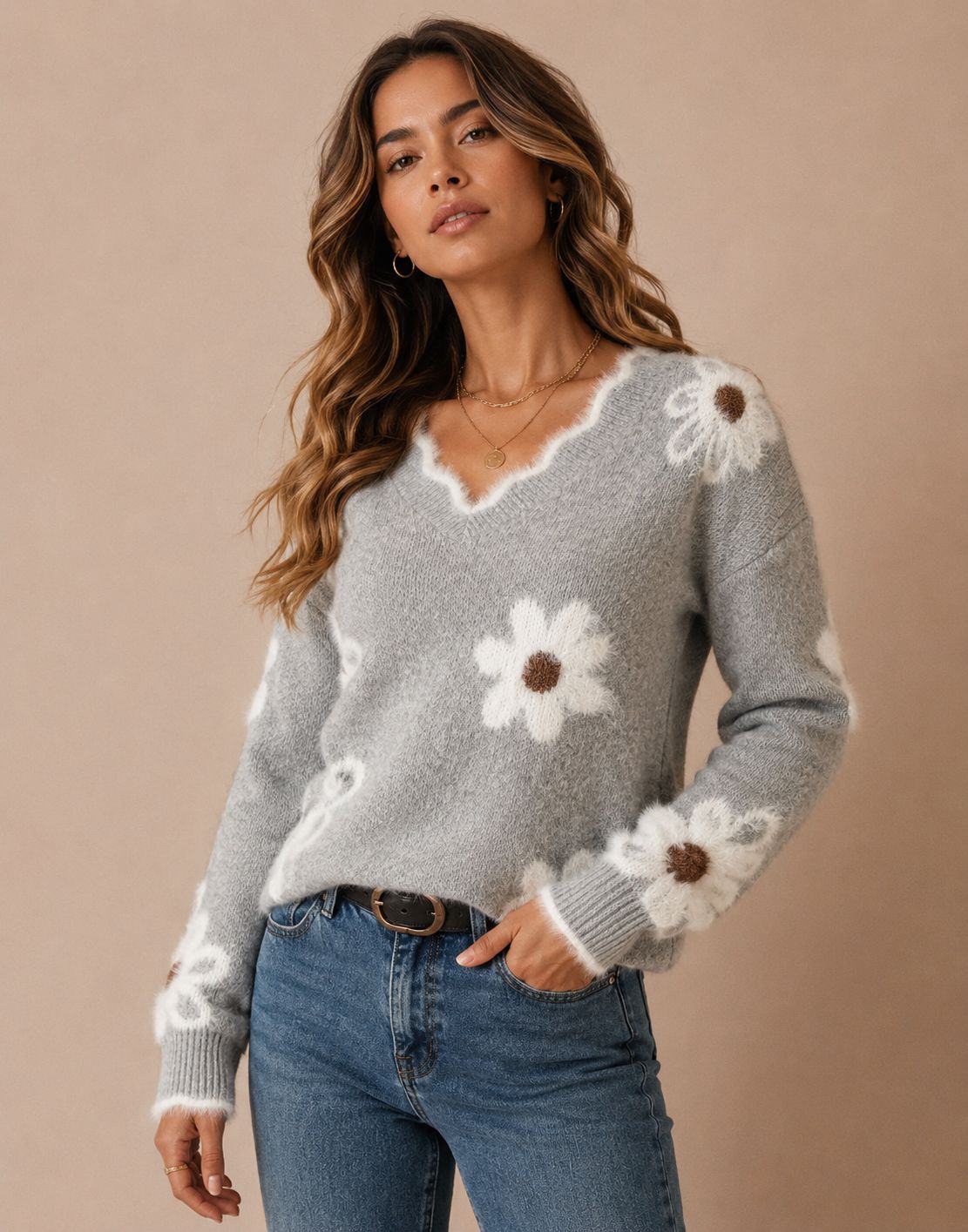 DECERLE - Women's - Floral Knit - V-Neck Sweater