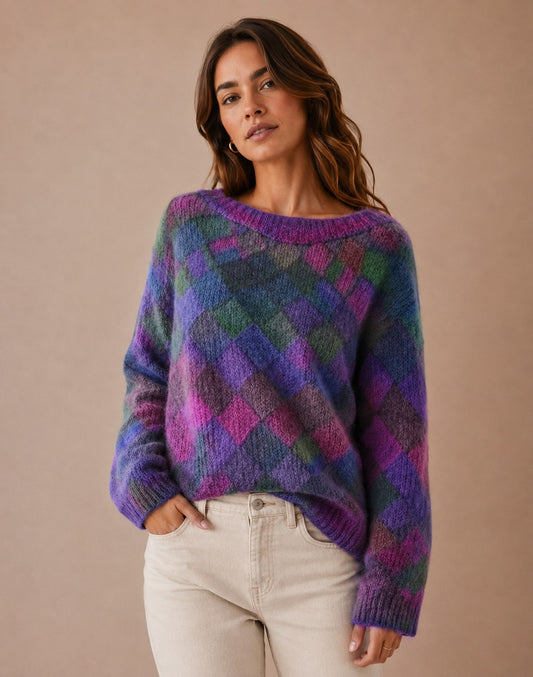 DECERLE - Women's - Diamond Pattern Knit - Relaxed Sweater