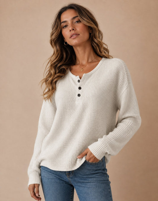 DECERLE - Women's - Waffle Knit - Henley Sweater