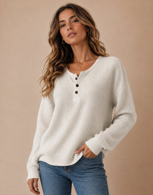DECERLE - Women's - Waffle Knit - Henley Sweater
