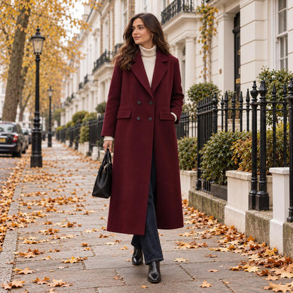 Double-Breasted Long Coat in Wine Red