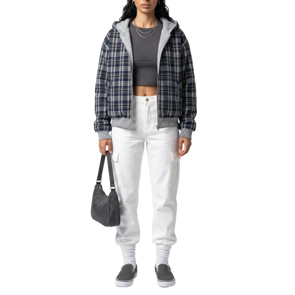 Reversible Cropped Hoodie Jacket – Check Pattern Zip-Up Women 2