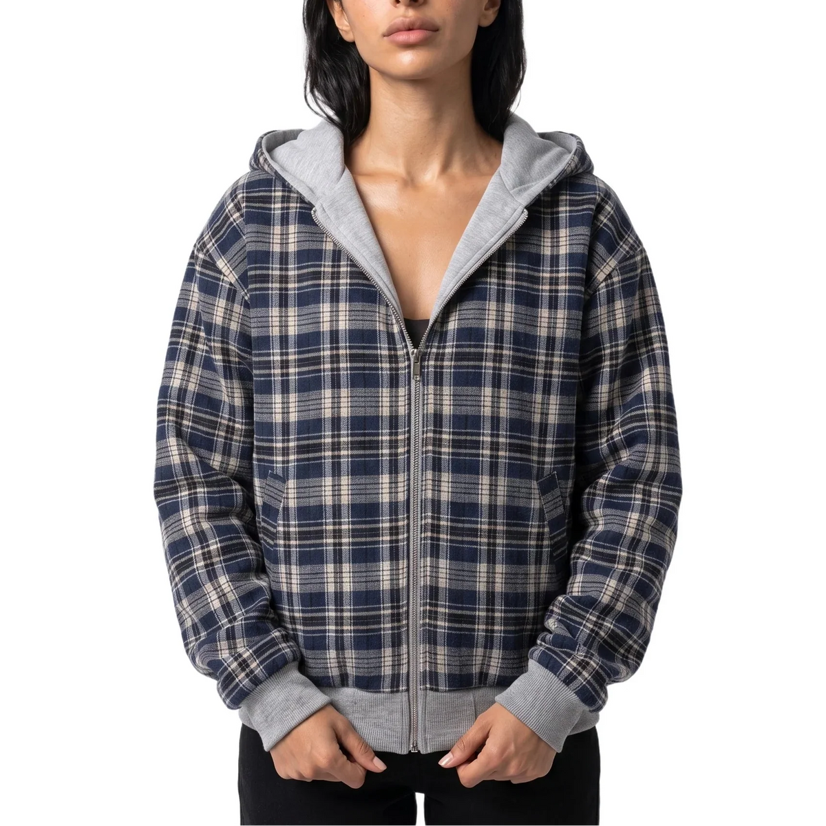 Reversible Cropped Hoodie Jacket – Check Pattern Zip-Up Women 1