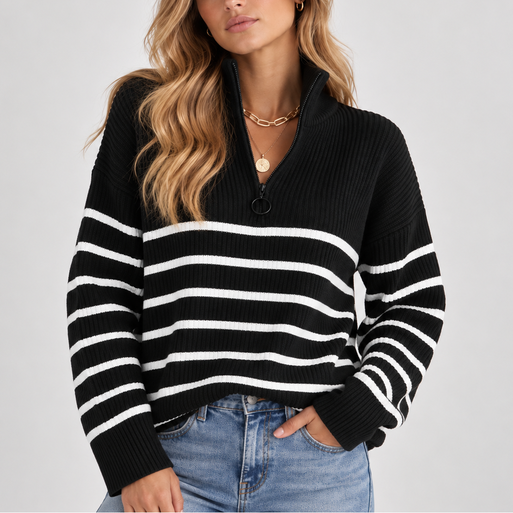 Women's Striped Quarter-Zip Knit Sweater — Relaxed Pullover 1