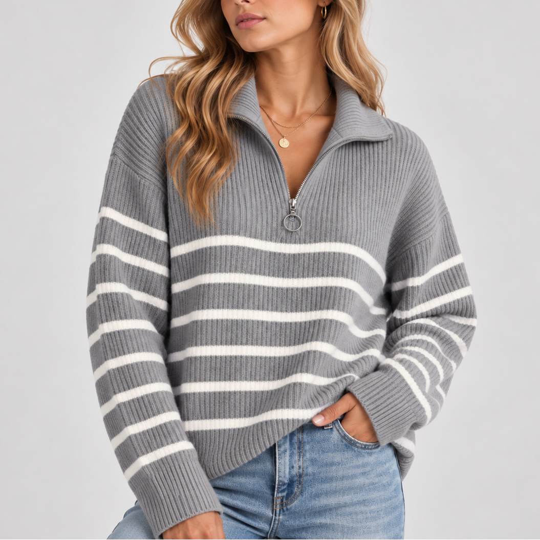 Women's Striped Quarter-Zip Knit Sweater — Relaxed Pullover 3