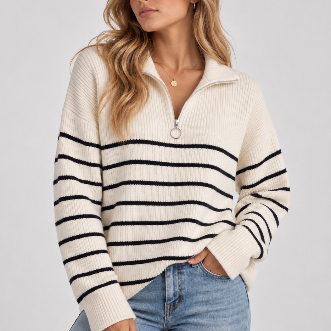 Women's Striped Quarter-Zip Knit Sweater — Relaxed Pullover 2