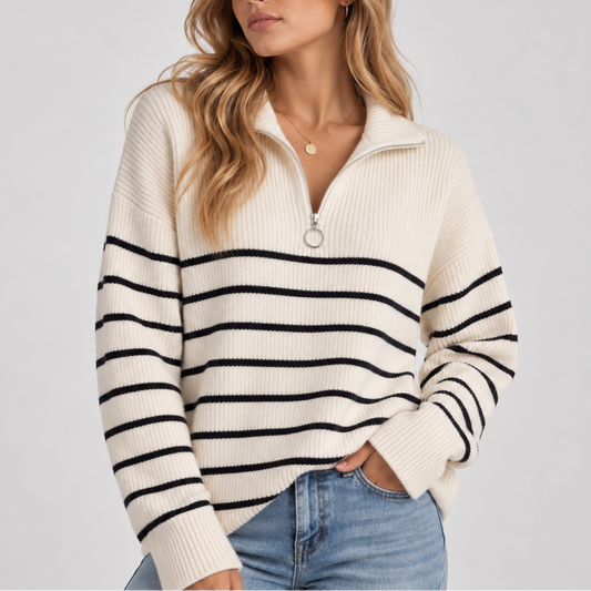 Women's Striped Quarter-Zip Knit Sweater — Relaxed Pullover 2