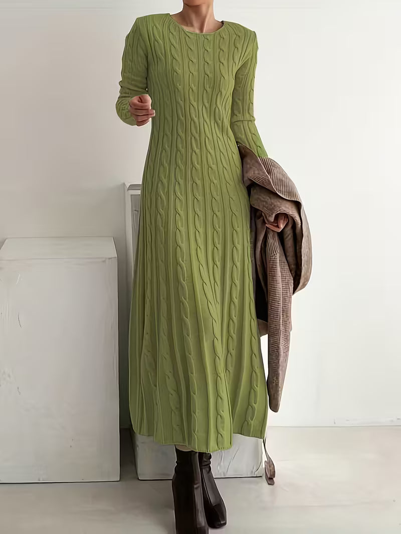 Women's Maxi Jumper Dress — Cable Knit, Crew Neck, Long Sleeve