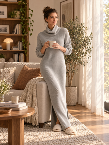 Ribbed Knit Turtleneck Maxi Dress — Slim Fit Side Slit 3