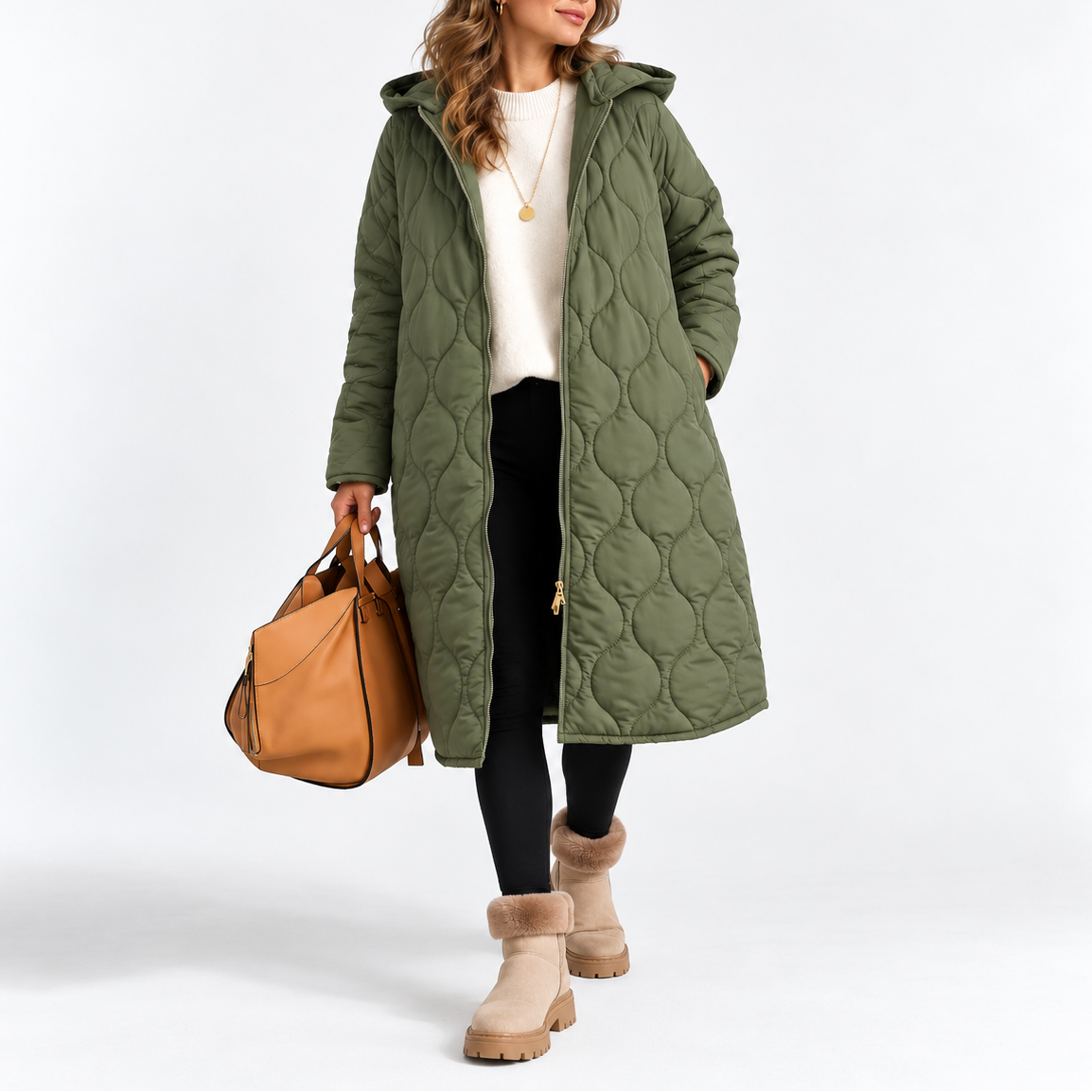 Women's Long Quilted Hooded Winter Coat with Pockets 1