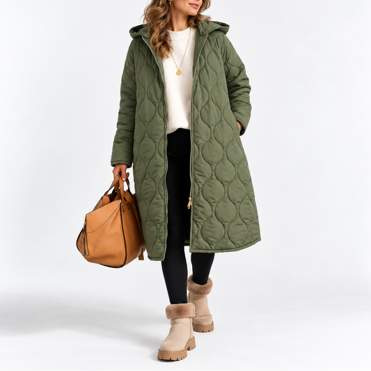 Women's Long Quilted Hooded Winter Coat with Pockets 1