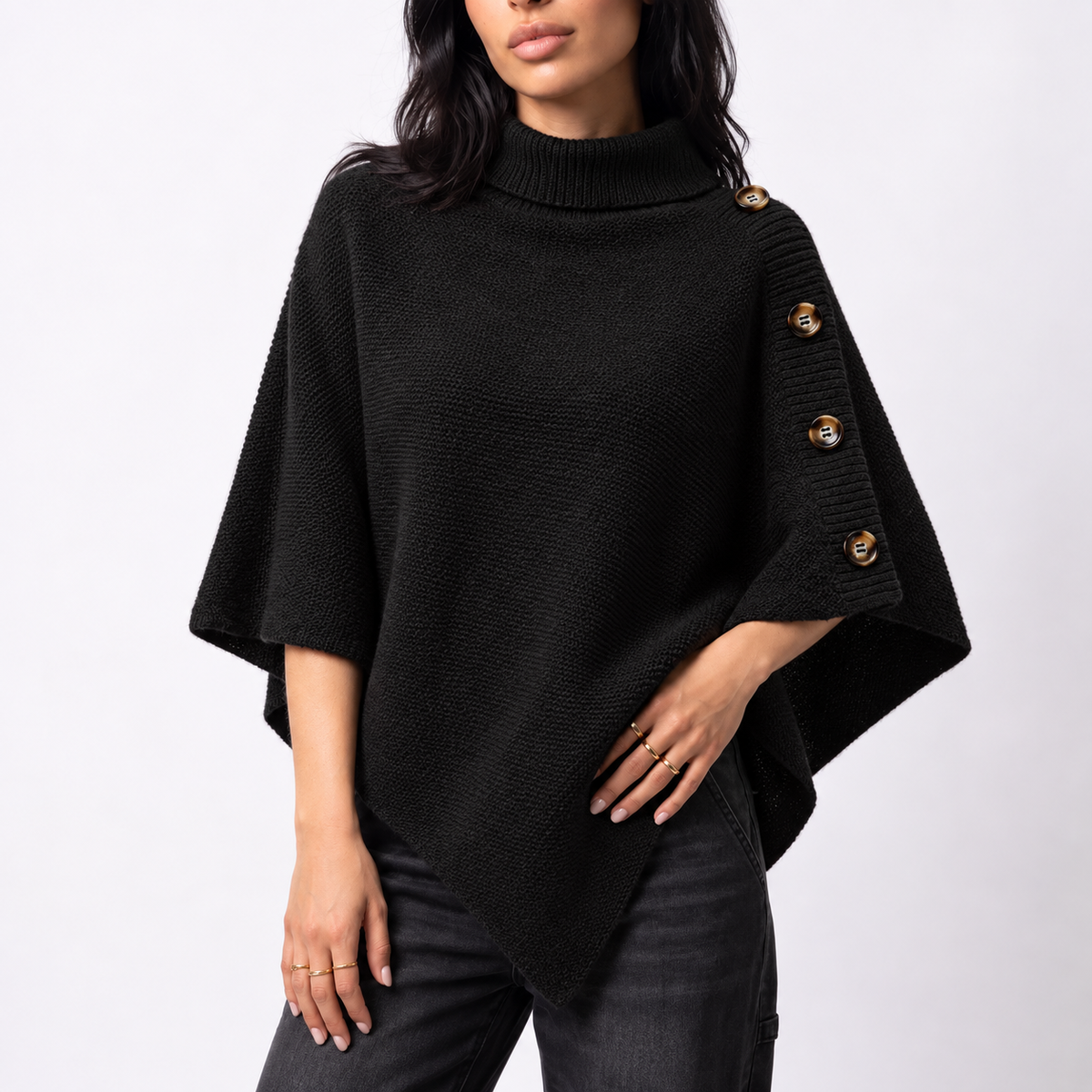 Women's Knitted Turtleneck Poncho — Buttons & Asymmetric Hem 5