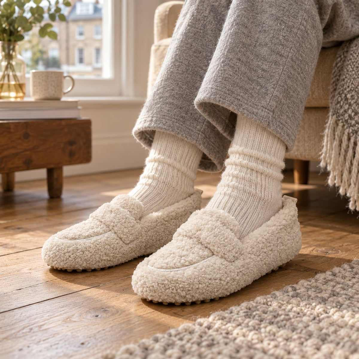 Teddy Fleece Loafer Slippers in Beige
