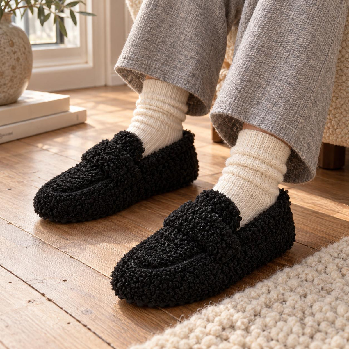 Teddy Fleece Loafer Slippers in Black
