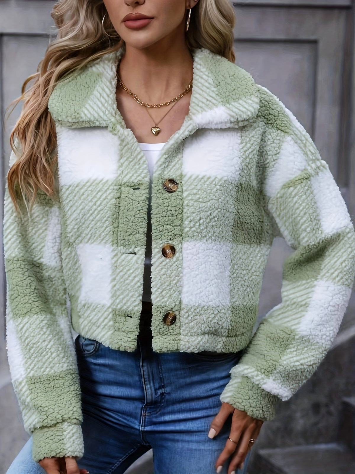 Cropped Teddy Fleece Shacket — Bold Check Pattern 1