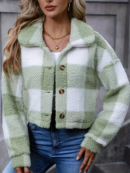 Cropped Teddy Fleece Shacket — Bold Check Pattern 1