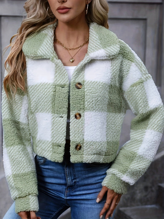 Cropped Teddy Fleece Shacket — Bold Check Pattern 1