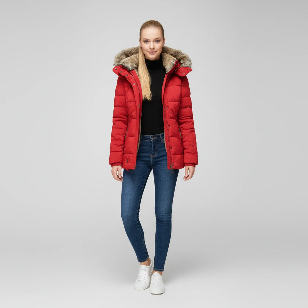 Women's Hooded Quilted Puffer Jacket — Faux Fur Trim 6