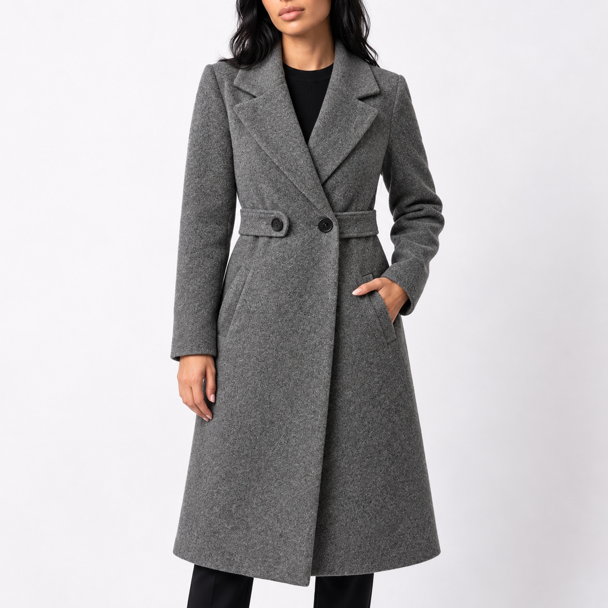 Women's Long Belted Wool-Look Winter Coat — Wide Lapels 6