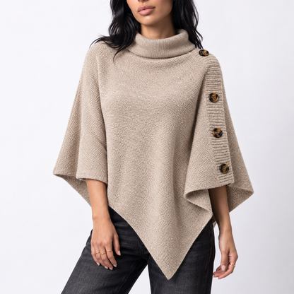 Women's Knitted Turtleneck Poncho — Buttons & Asymmetric Hem 6