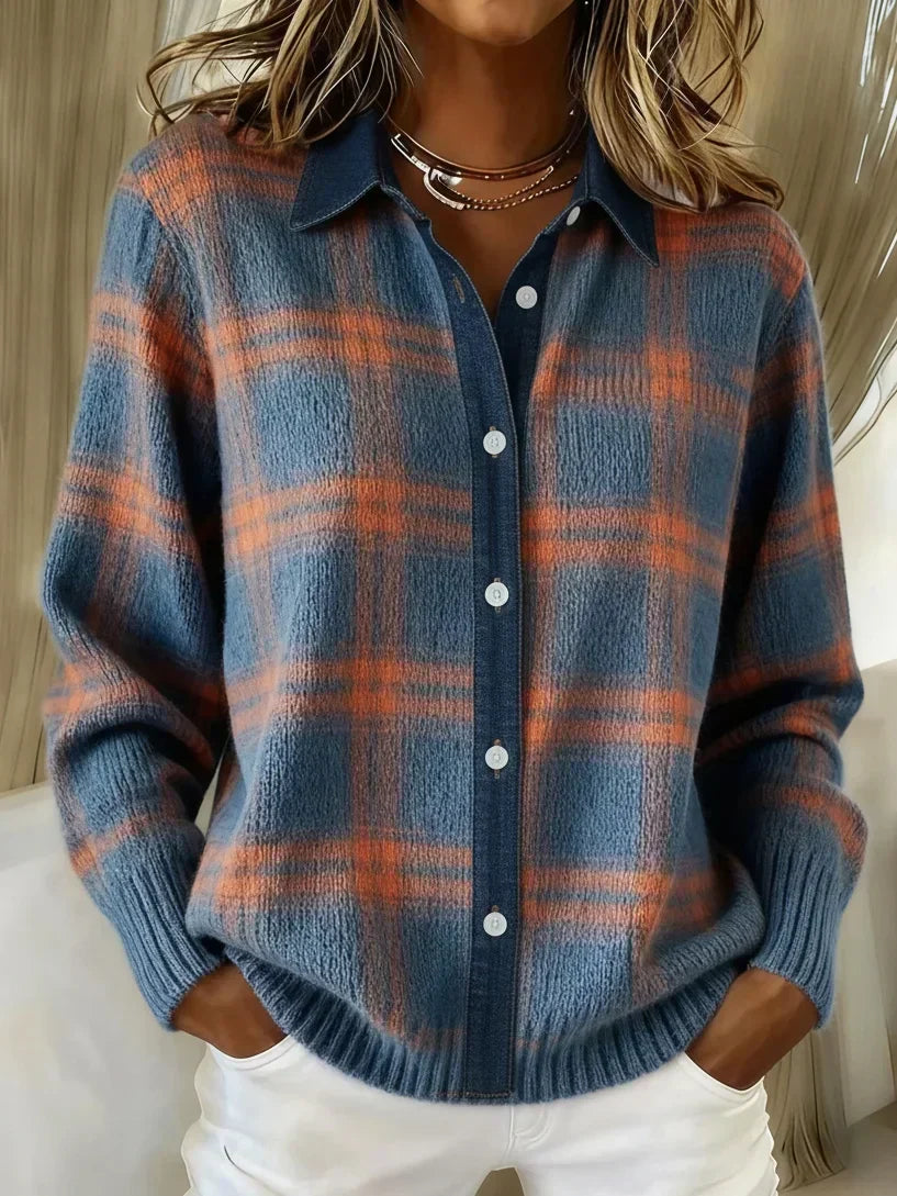 Women's Plaid Knit Cardigan — Shirt Collar, Button-Front, Relaxed Fit