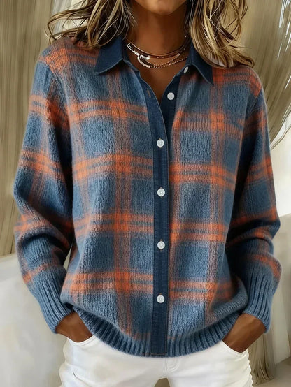 Women's Plaid Knit Cardigan — Shirt Collar, Button-Front, Relaxed Fit