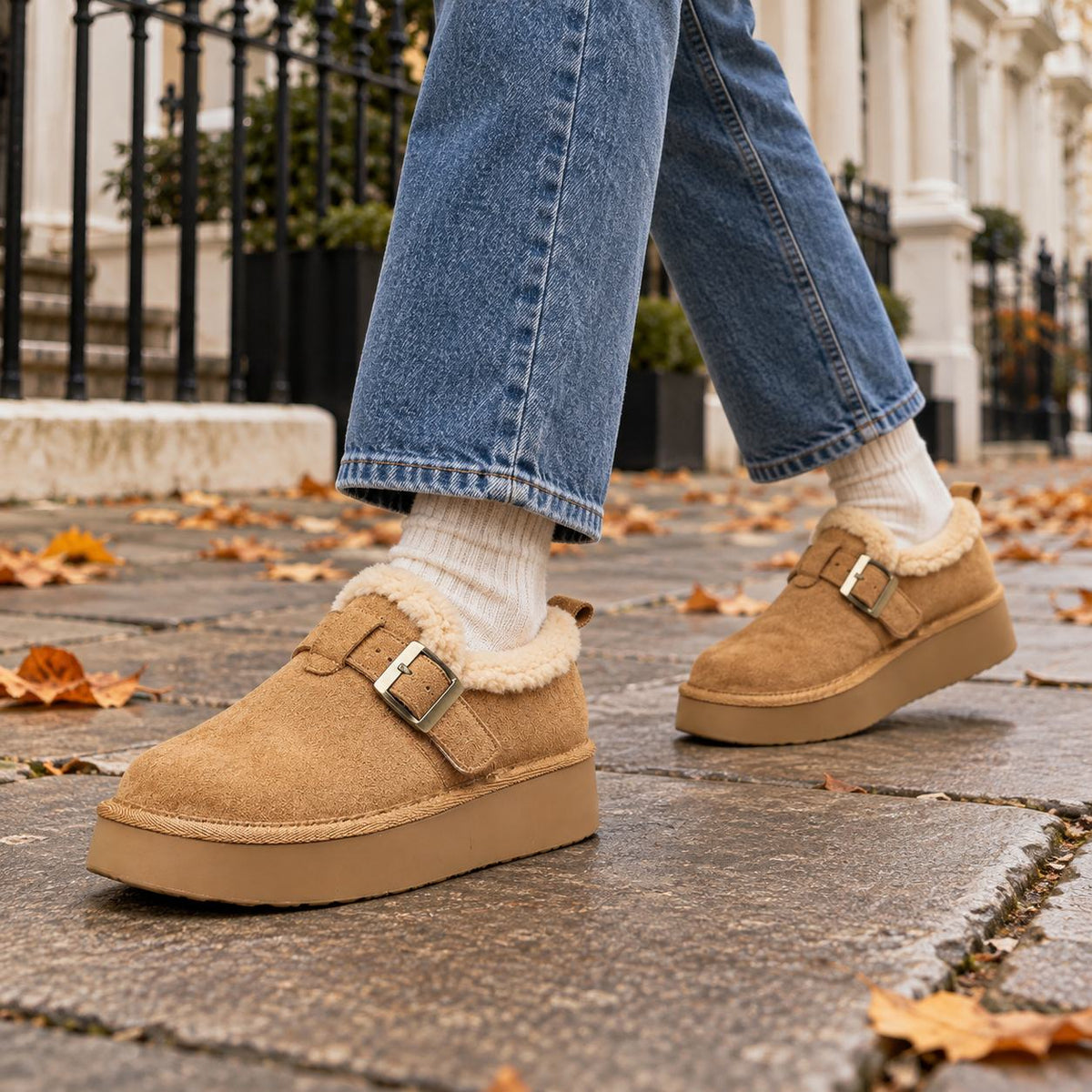 Fleece-Lined Slip-On Mule Sneakers with Thick Sole in Chestnut