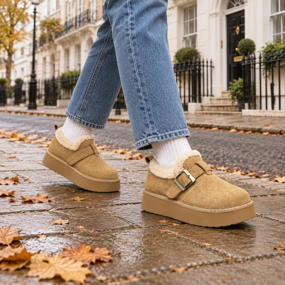 Fleece-Lined Slip-On Mule Sneakers with Thick Sole in Khaki