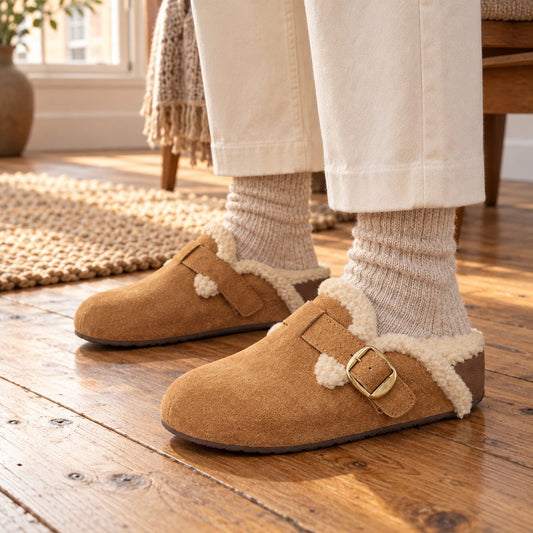 Fleece-Lined Suede-Look Clog Mules in Chestnut