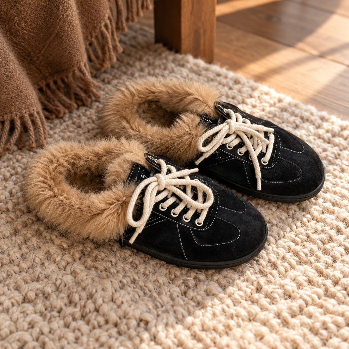 Fleece-Lined Lace-Up Mule Slippers for Women in Black