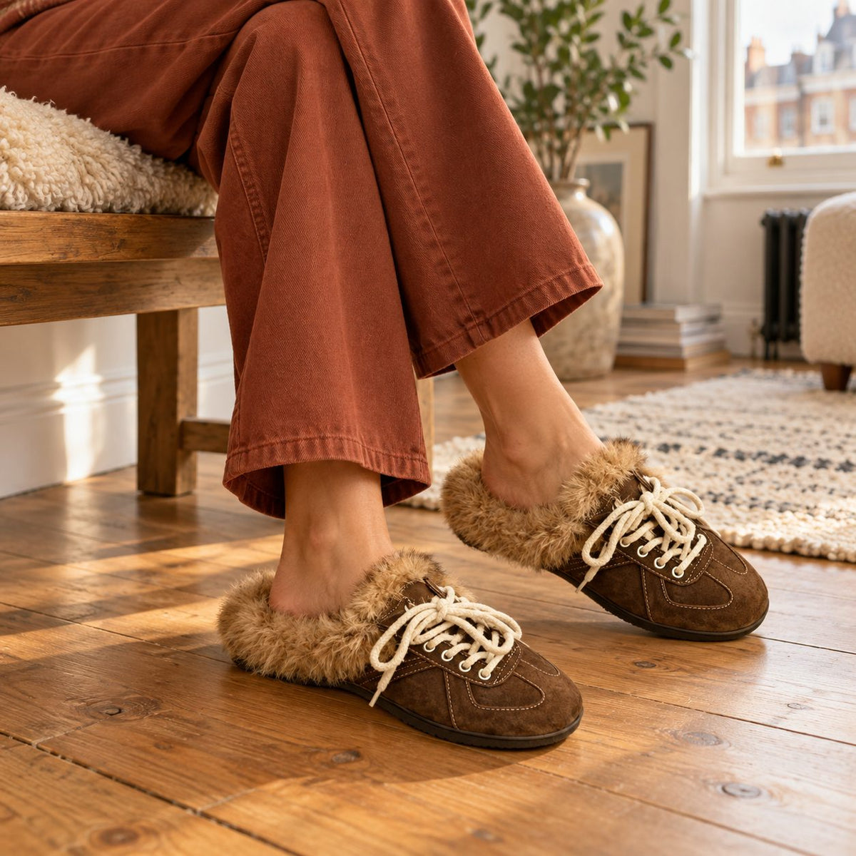 Fleece-Lined Lace-Up Mule Slippers for Women in Brown