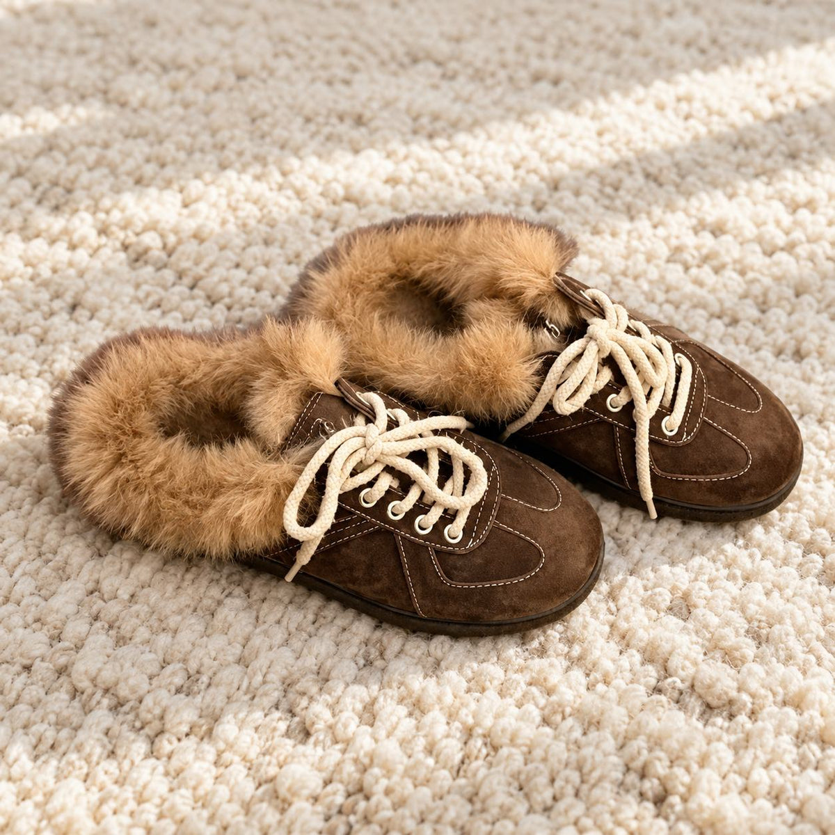 Fleece-Lined Lace-Up Mule Slippers for Women in Brown