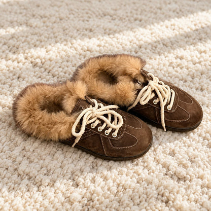 Fleece-Lined Lace-Up Mule Slippers for Women in Brown