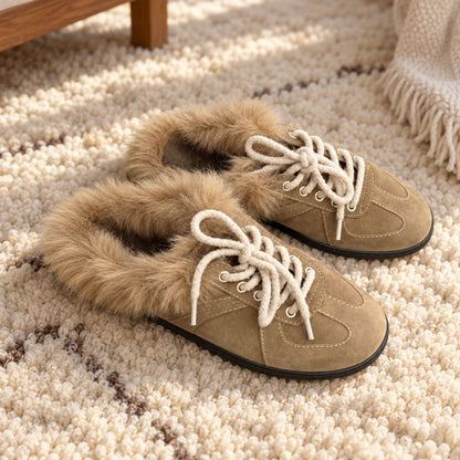 Fleece-Lined Lace-Up Mule Slippers for Women in Khaki