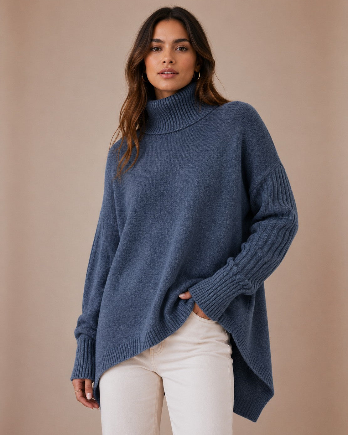 DECERLE - Women's - Ribbed Knit - Longline Turtleneck Sweater