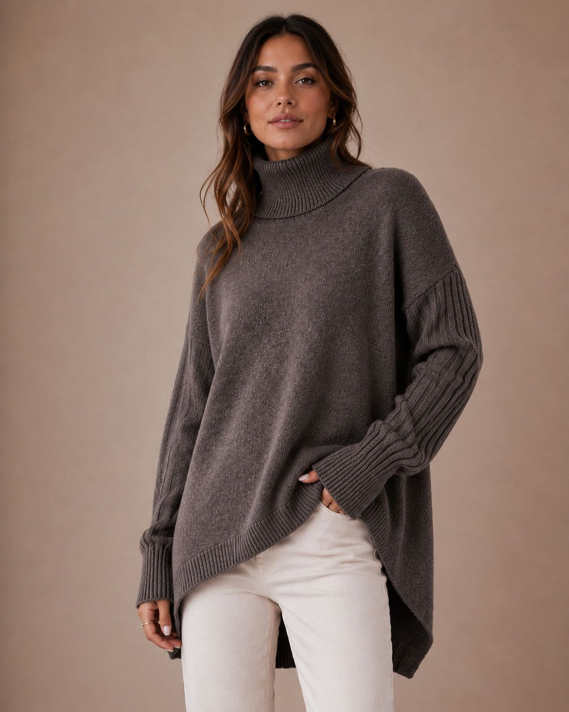 DECERLE - Women's - Ribbed Knit - Longline Turtleneck Sweater