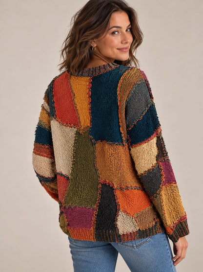 Grace Patchwork Cat Face Sweater — Crew Neck & Long Sleeves