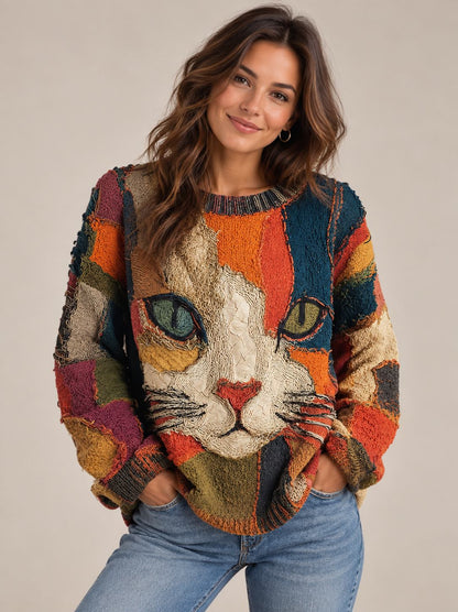 Grace Patchwork Cat Face Sweater — Crew Neck & Long Sleeves