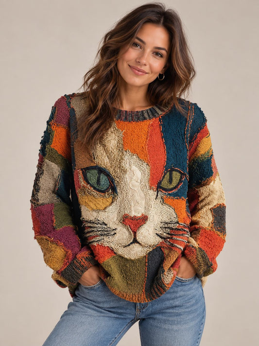 Grace Patchwork Cat Face Sweater — Crew Neck & Long Sleeves