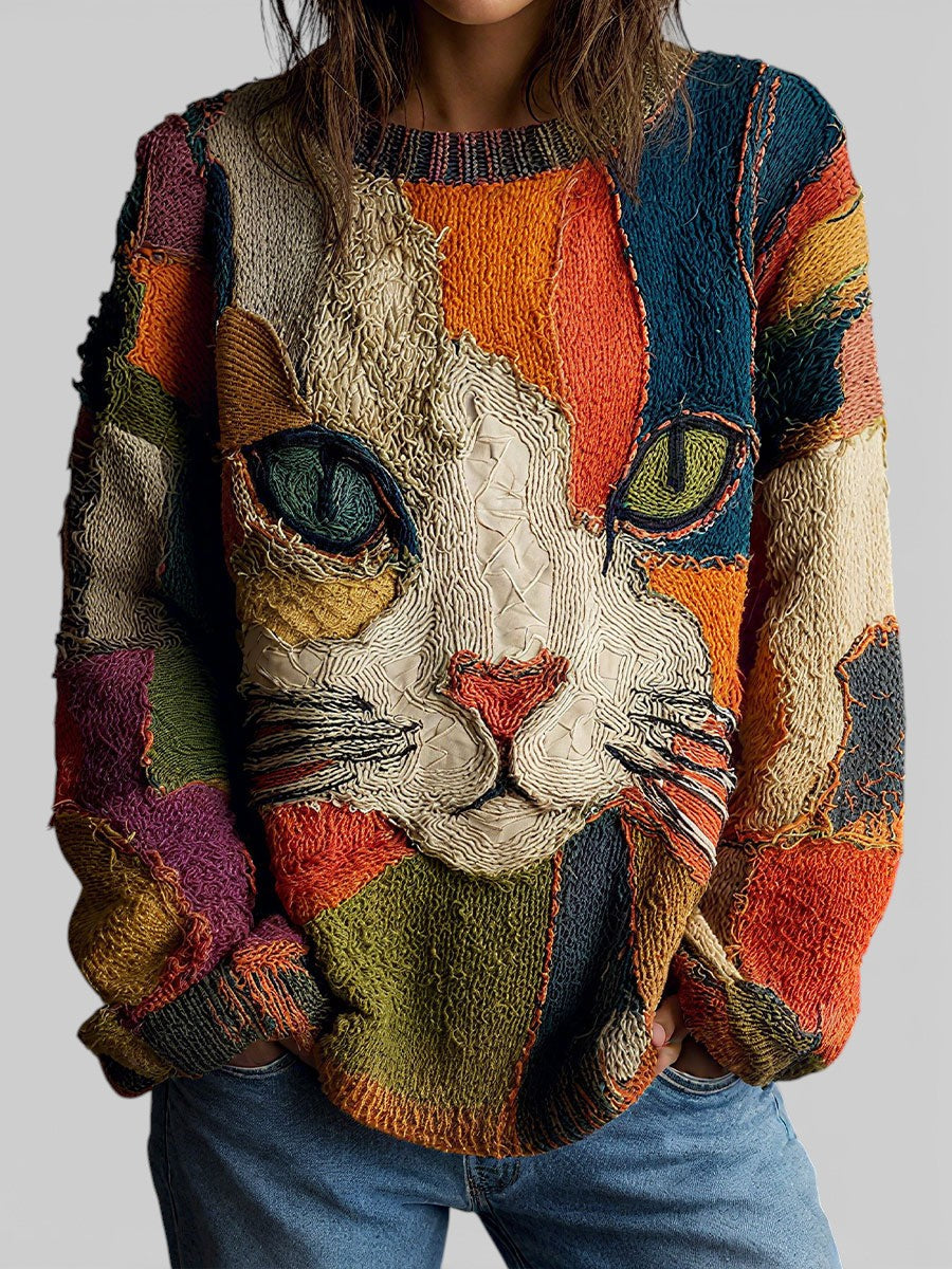 Grace Patchwork Cat Face Sweater — Crew Neck Long Sleeve 1