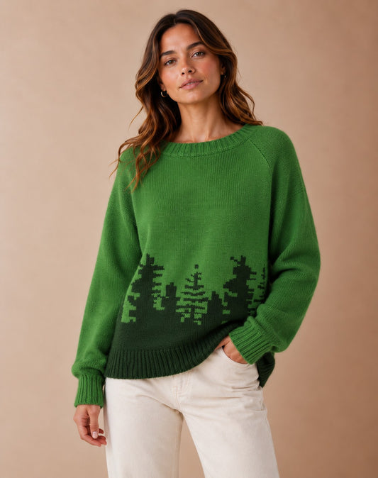 DECERLE - Women's - Forest Print Knit - Round Neck Sweater