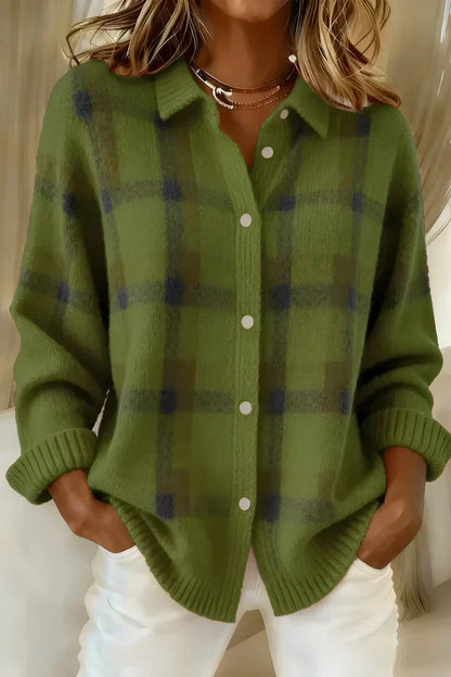 Women's Plaid Knit Cardigan — Shirt Collar, Button-Front, Relaxed Fit