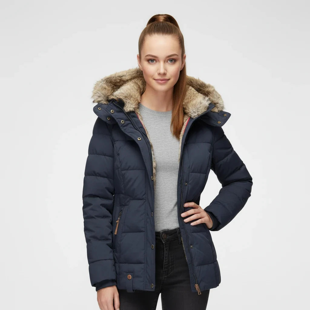 Women's Hooded Quilted Puffer Jacket — Faux Fur Trim 7