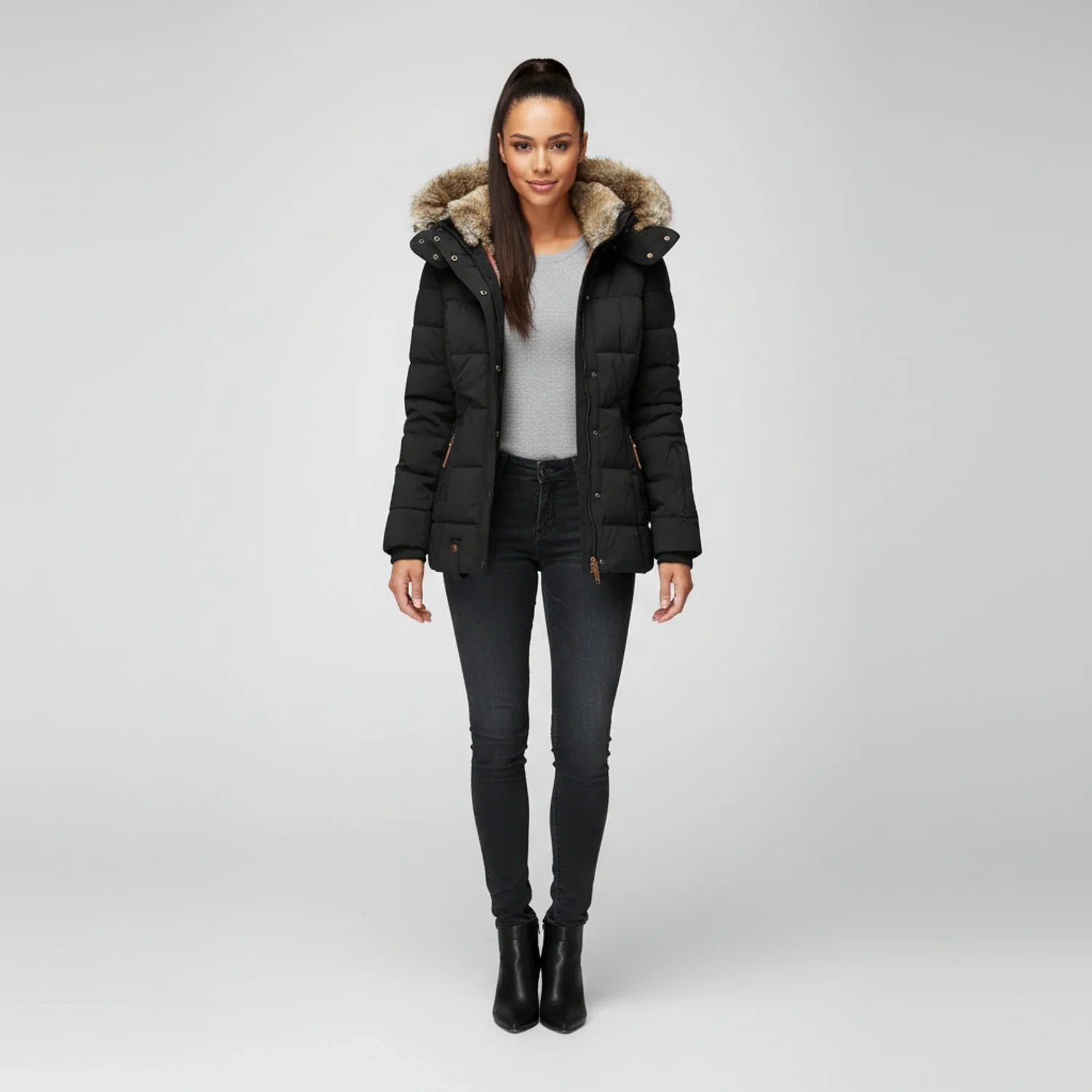 Women's Hooded Quilted Puffer Jacket — Faux Fur Trim 2