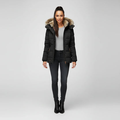 Women's Hooded Quilted Puffer Jacket — Faux Fur Trim 2